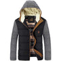 Herren Winterjacke mit Kapuze, schwarz-grau, gefüttert, warm, modisch, Outdoor-Bekleidung.