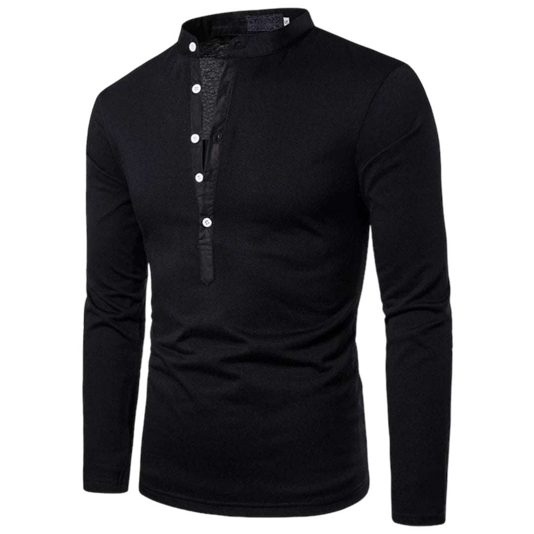Schwarzes Herren-Langarmshirt mit Stehkragen und Knopfleiste, elegant und modern.