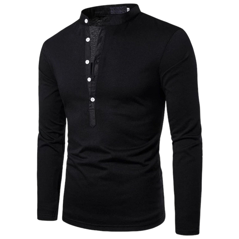 Schwarzes Herren-Langarmshirt mit Stehkragen und Knopfleiste, elegant und modern.