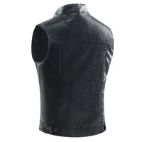 Schwarze Lederweste, ärmellos, Krokodilprägung, modisch, Herrenbekleidung, Rückansicht.
