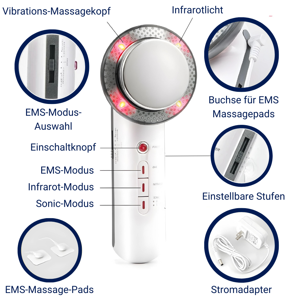 Multifunktionales EMS-Massagegerät mit Infrarotlicht, Vibrationskopf, Massagepads, weiß.