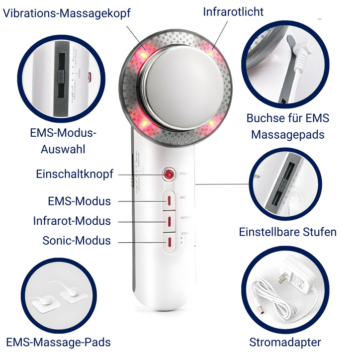 Multifunktionales EMS-Massagegerät mit Infrarotlicht, Vibrationskopf, Massagepads, weiß.