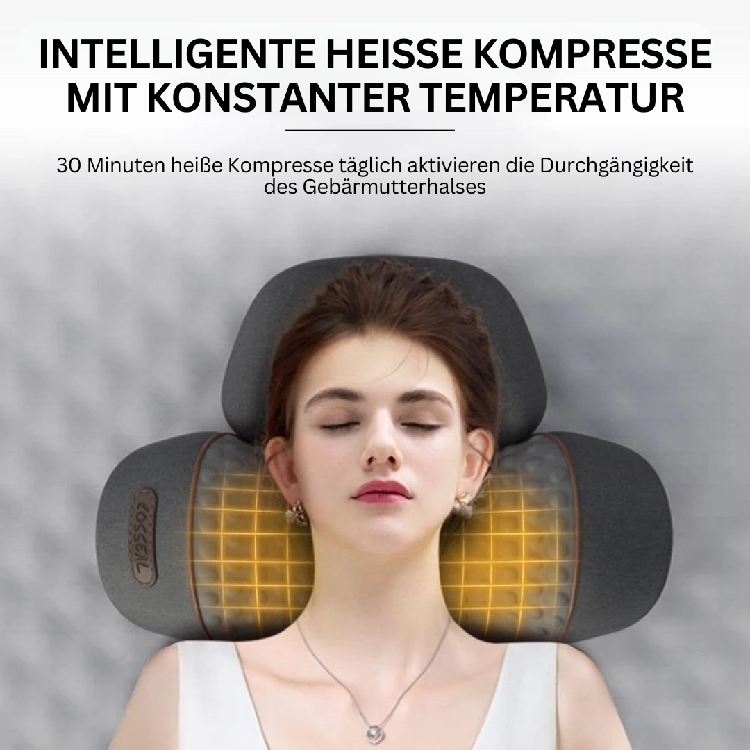 Frau mit Nackenmassagegerät, graues Kissen, Wärmefunktion, Entspannung, Schmerzlinderung.