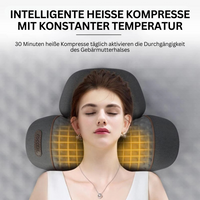 Frau mit Nackenmassagegerät, graues Kissen, Wärmefunktion, Entspannung, Schmerzlinderung.