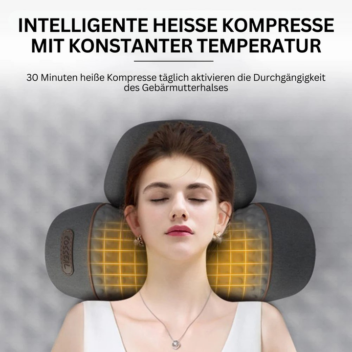Frau mit Nackenmassagegerät, graues Kissen, Wärmefunktion, Entspannung, Schmerzlinderung.