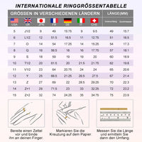 Internationale Ringgrößentabelle mit Größen in verschiedenen Ländern und Messanleitung.