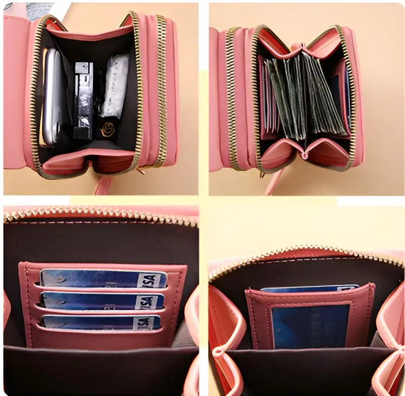 Rosa Damen-Geldbörse mit Reißverschluss, Fächer für Karten, Bargeld und Handy, Lederoptik.