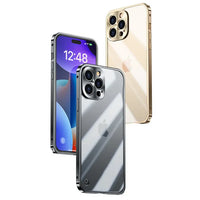 Drei iPhone 14 Pro Modelle in Gold, Silber und Graphit, Vorder- und Rückansicht, glänzend.