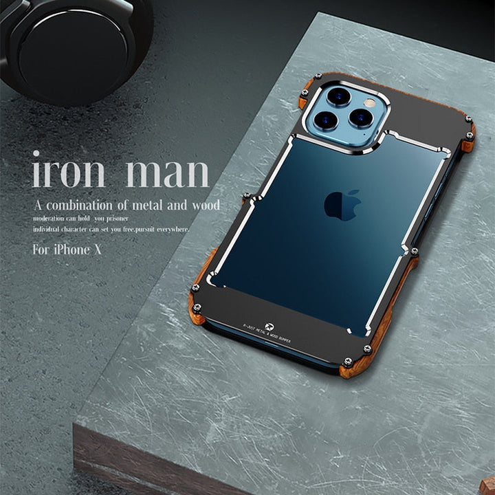 iPhone X Hülle, Metall und Holz, robustes Design, blau, Iron Man Stil, stoßfest.