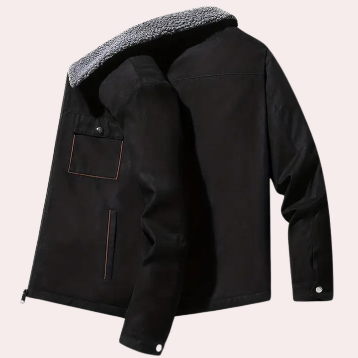 Schwarze Herrenjacke mit Kunstfellkragen, lässig, warm, modisch, Winterbekleidung.