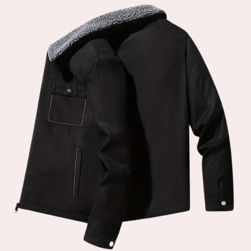 Schwarze Herrenjacke mit Kunstfellkragen, lässig, warm, modisch, Winterbekleidung.