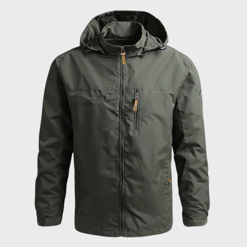 Armeegrüne Herrenjacke mit Kapuze, Reißverschluss, Outdoor, wasserabweisend, funktional.
