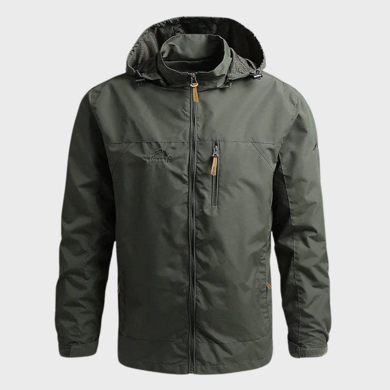 Armeegrüne Herrenjacke mit Kapuze, Reißverschluss, Outdoor, wasserabweisend, funktional.