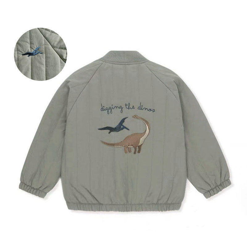 Graue Kinderjacke mit Dinosaurier-Stickerei, Baumwolle, "digging the dinos" Design.