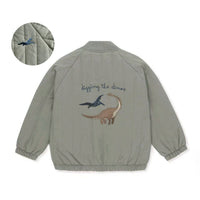 Graue Kinderjacke mit Dinosaurier-Stickerei, Baumwolle, "digging the dinos" Design.