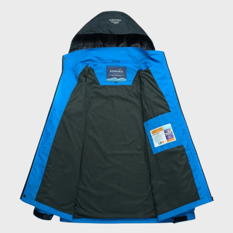 Innenansicht blaue Outdoorjacke mit Kapuze, wasserabweisend, atmungsaktiv, für Herren.
