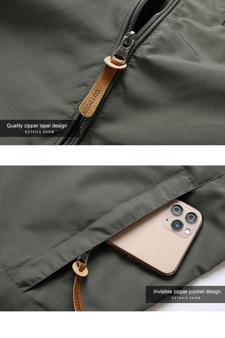 Grüne Jacke mit Reißverschluss, Lederanhänger, unsichtbare Tasche, iPhone, Outdoor-Mode.