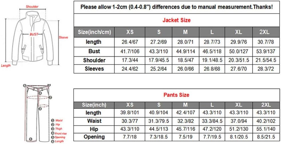 Größentabelle für Damenjacke und Hose, Maße in Zoll, XS bis 2XL, mit Längen- und Taillenangaben.