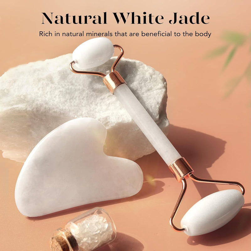 Jade-Roller und Gua Sha Set aus weißem Jade, Gesichtsmassage, Hautpflege, Entspannung.