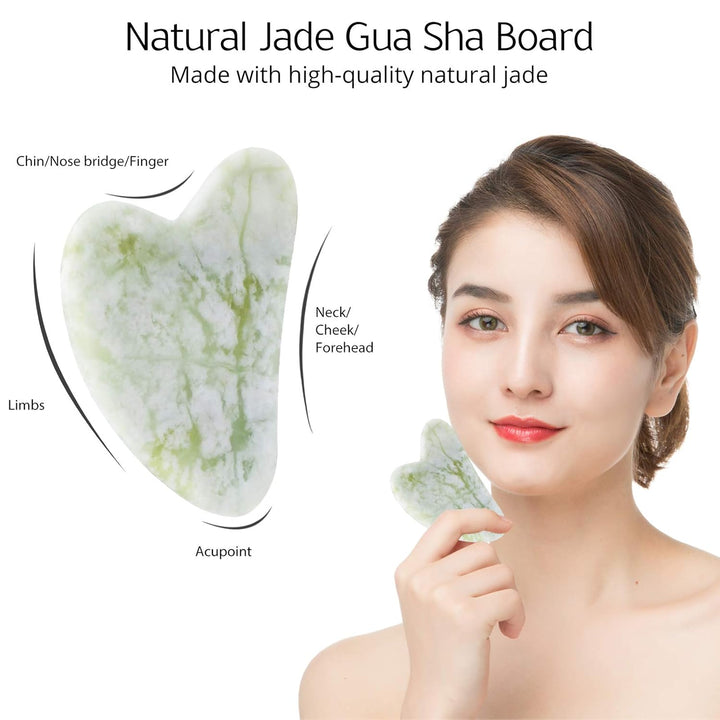 Natürlicher Jade Gua Sha Stein, grün, Gesichtsmassage, Hautpflege, Wellness-Tool.