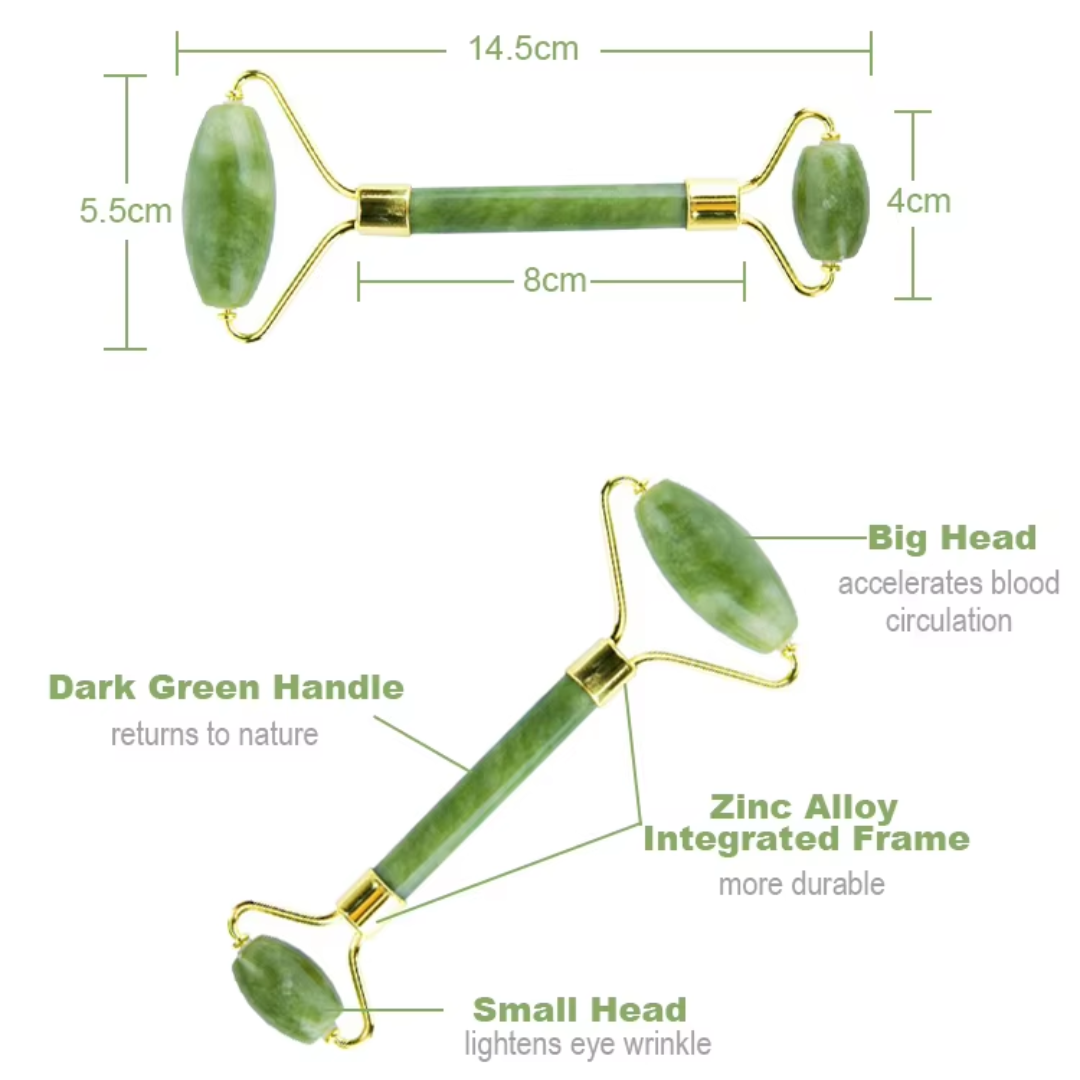 Jade-Roller aus grünem Stein, goldener Rahmen, Gesichtsmassage, Anti-Aging, 14,5 cm.