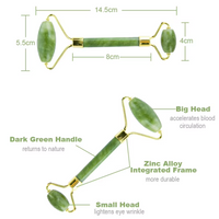 Jade-Roller aus grünem Stein, goldener Rahmen, Gesichtsmassage, Anti-Aging, 14,5 cm.