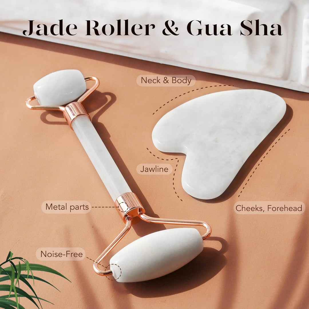 Jade-Roller und Gua Sha Set, weiß, Gesichtsmassage, Hautpflege, Entspannung, Metallteile.