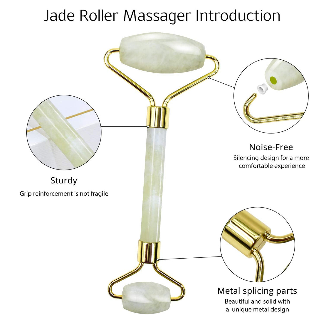 Jade-Roller Massager, grün, doppelseitig, Metallgriff, Gesichtspflege, entspannend, langlebig.