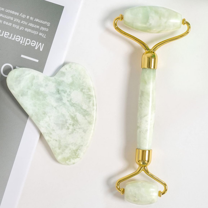 Jade-Roller und Gua Sha Set, grün, Massagewerkzeug, Gesichtspflege, Entspannung, Anti-Aging.