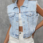 Damen Jeansweste, hellblau, ärmellos, Fransen, modisch, Freizeitkleidung, Denim-Look.