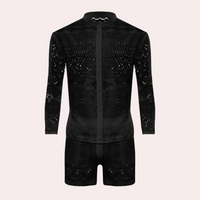 Schwarzer Spitzen-Overall, langärmelig, Knopfleiste, elegantes Design, Herrenmode.