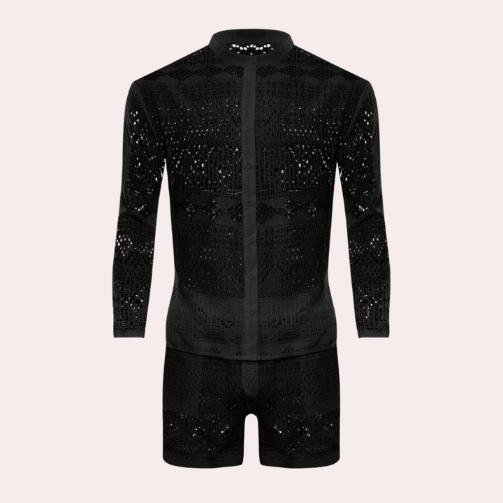 Schwarzer Spitzen-Overall, langärmelig, Knopfleiste, elegantes Design, Herrenmode.