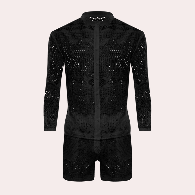 Schwarzer Spitzen-Overall, langärmelig, Knopfleiste, elegantes Design, Herrenmode.