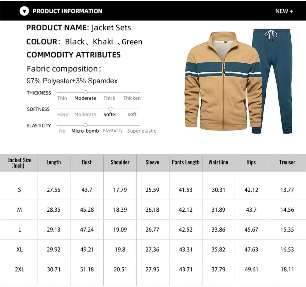 Beige Trainingsanzug mit grünem Streifen, Polyester-Spandex, Größentabelle, Herrenmode.