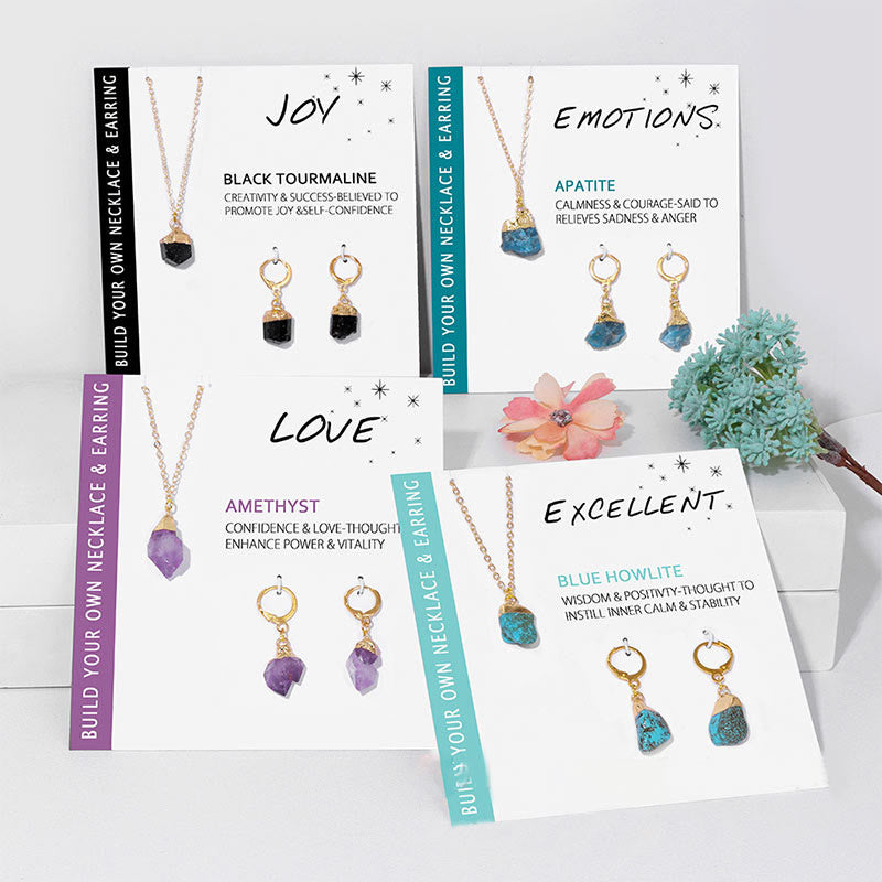 Schmuckset mit Edelsteinen: Amethyst, Apatit, Turmalin, Howlith, Ohrringe, Halskette, Geschenkbox.