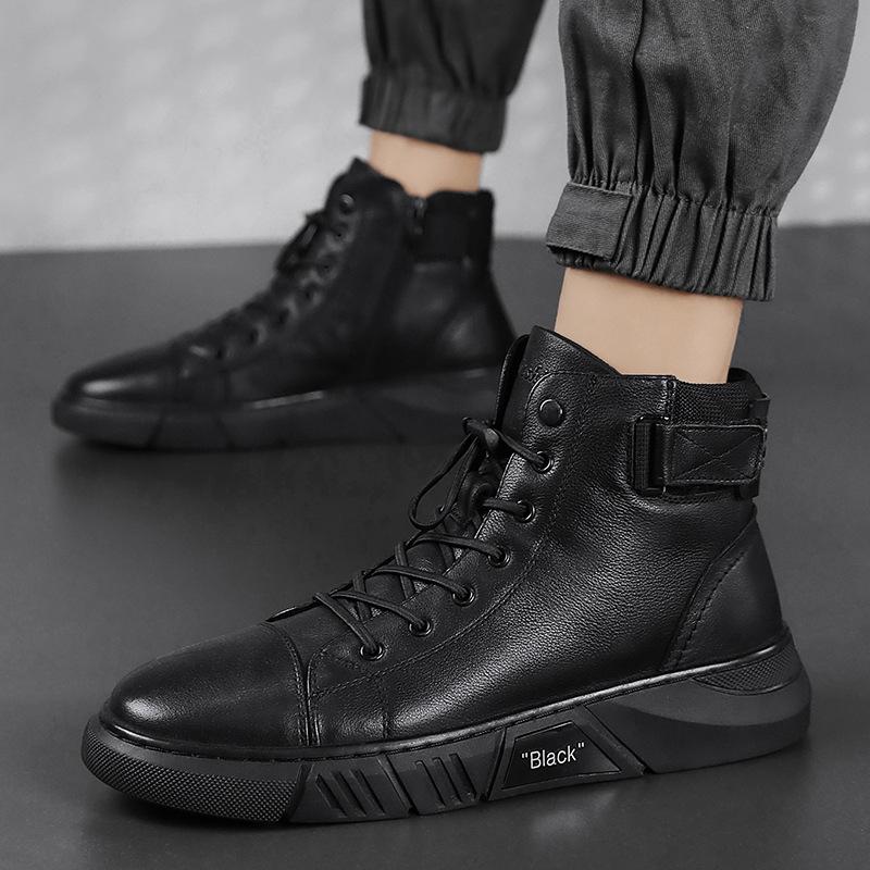 Schwarze Leder-Sneaker für Herren, hohe Knöchel, modisch, bequem, rutschfeste Sohle.