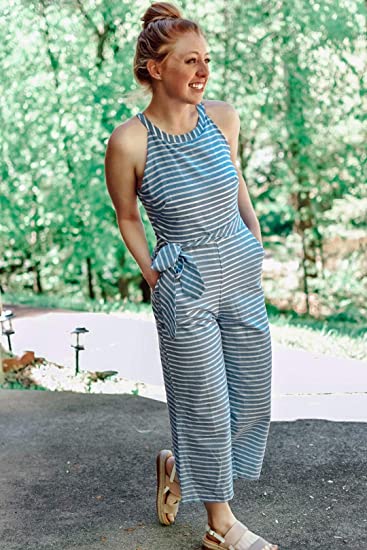 Gestreifter Sommer-Jumpsuit für Damen mit weitem Bein und V-Ausschnitt – Alina