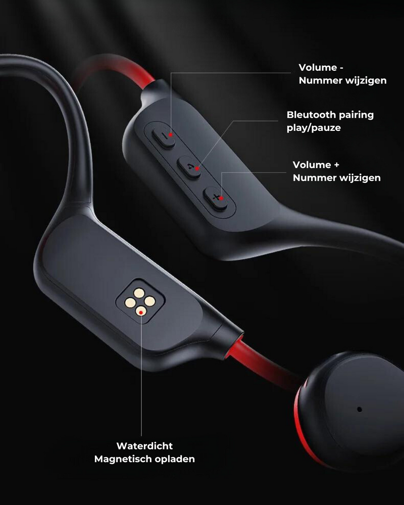 Schwarze kabellose Bluetooth-Kopfhörer mit Lautstärkeregler und magnetischem Ladeanschluss.