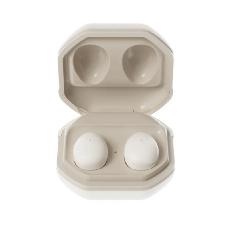 Weiße kabellose In-Ear-Kopfhörer im Ladecase, Bluetooth, modernes Design, tragbar.