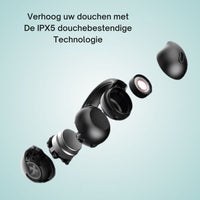 Schwarze kabellose Ohrhörer, IPX5 wasserdicht, ideal für Dusche und Sport.