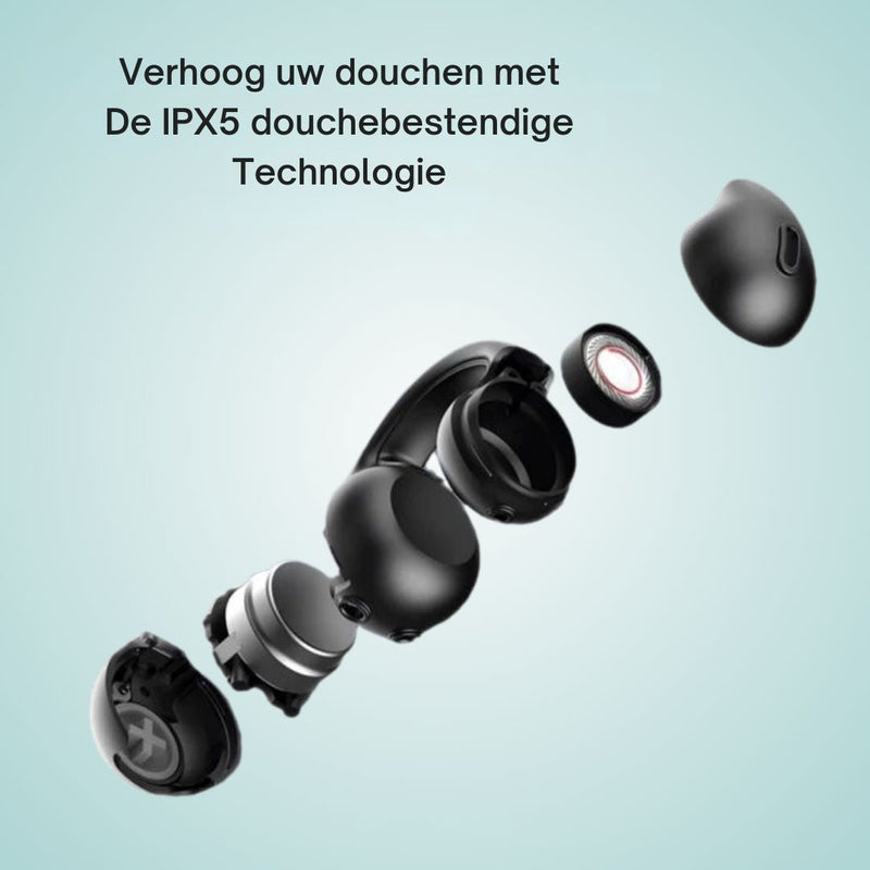 Schwarze kabellose Ohrhörer, IPX5 wasserdicht, ideal für Dusche und Sport.
