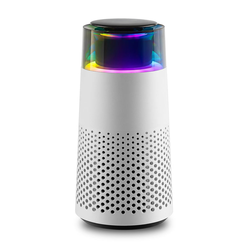 Weißer Bluetooth-Lautsprecher mit LED-Licht, zylindrisch, kabellos, modern, tragbar.