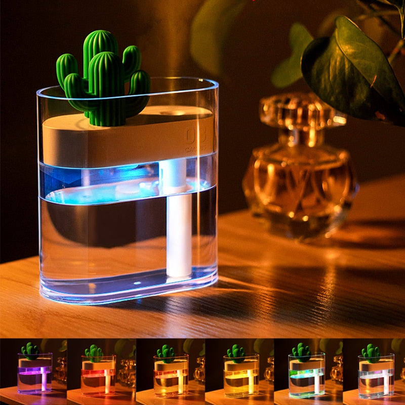 Luftbefeuchter mit LED-Beleuchtung, Kaktus-Design, transparent, für Schlafzimmer, Aromatherapie.