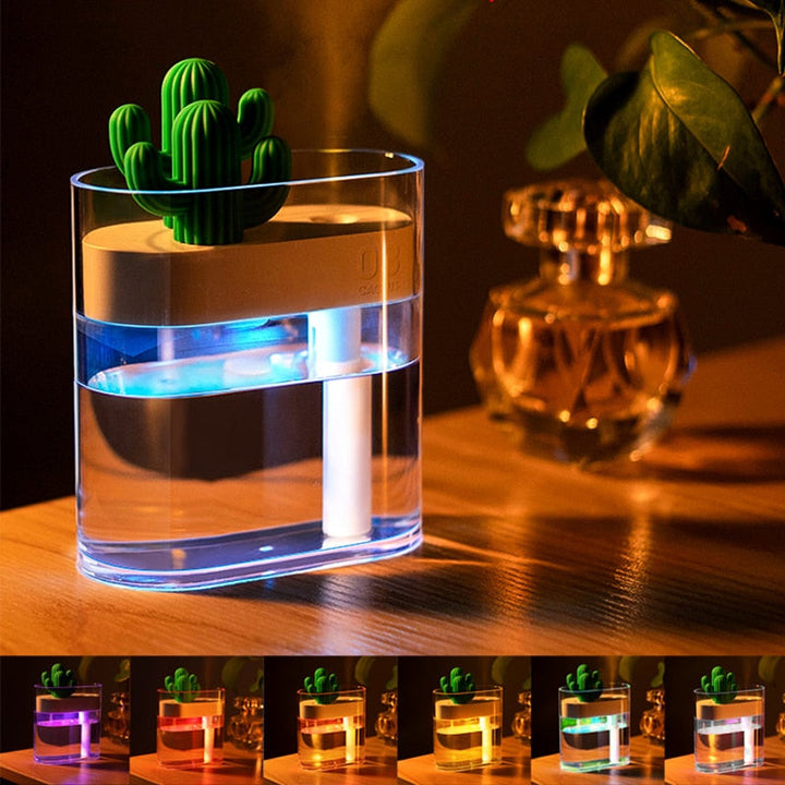 Luftbefeuchter mit LED-Beleuchtung, Kaktus-Design, transparent, für Schlafzimmer, Aromatherapie.