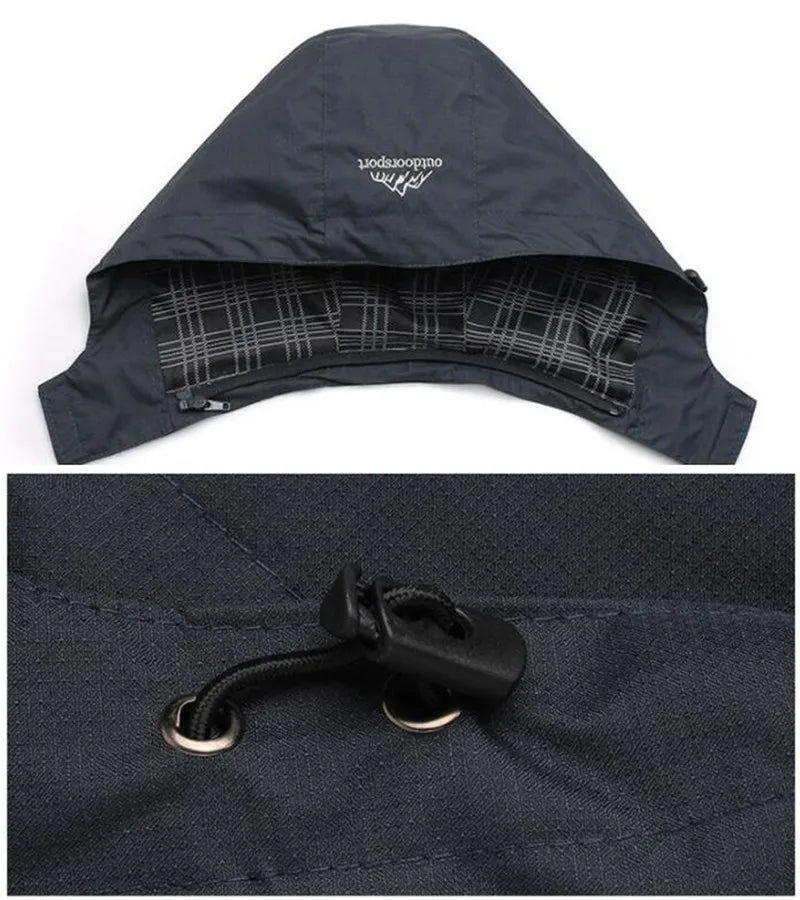 Schwarze Outdoor-Kapuzenjacke mit Kordelzug, kariertes Innenfutter, wetterfest.