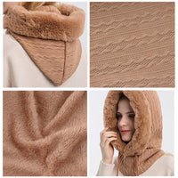 Damen Kapuzen-Schal aus Strick und Kunstpelz, beige, warm, modisch, Winteraccessoire.