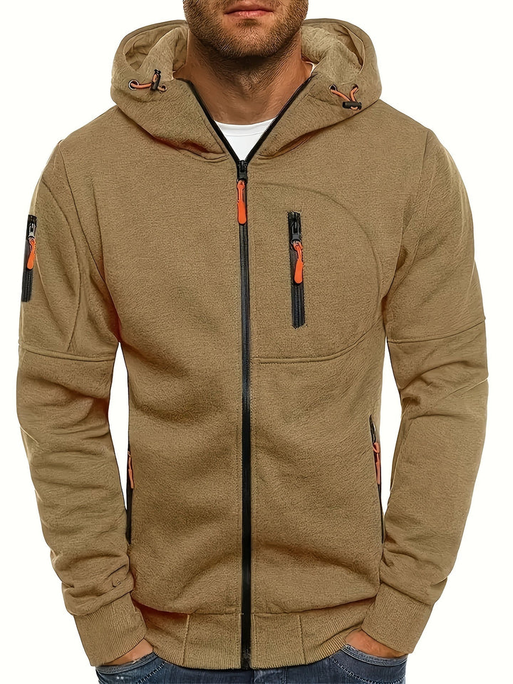 Beige Herren-Kapuzenjacke mit Reißverschlüssen, Freizeitmode, Baumwollmischung, Outdoor-Bekleidung.