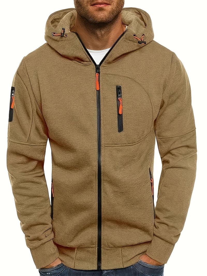 Beige Herren-Kapuzenjacke mit Reißverschlüssen, Freizeitmode, Baumwollmischung, Outdoor-Bekleidung.