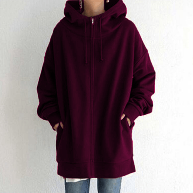 Bordeauxfarbener Kapuzenpullover, Unisex, Baumwolle, lässig, Reißverschluss, Taschen, Herbstmode.