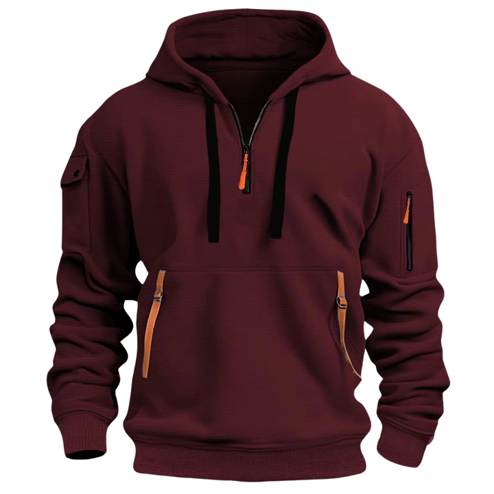 Bordeaux Hoodie mit Reißverschlusstaschen, Kapuze und langen Ärmeln für Herren.